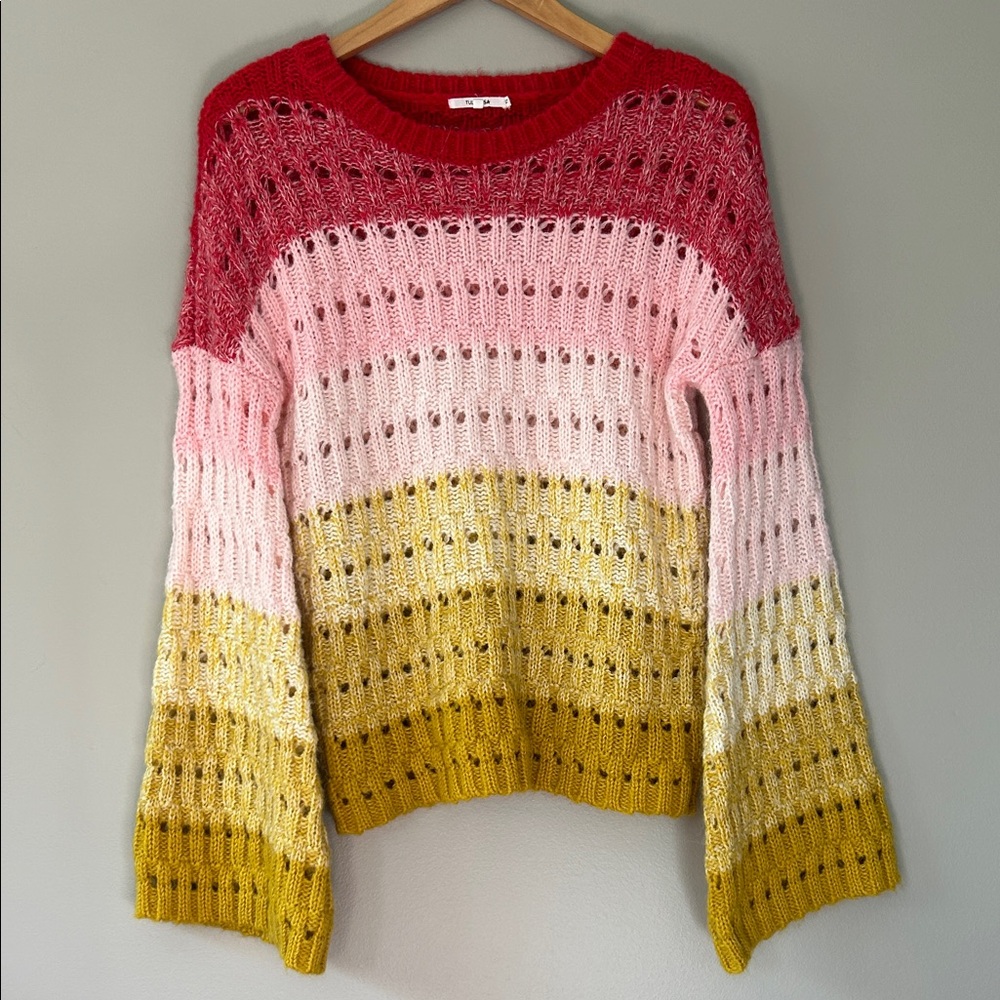 Tularosa Let’s Go Sunrise Stripe Bell Sleeve Sweater Oversized Size XS Boho